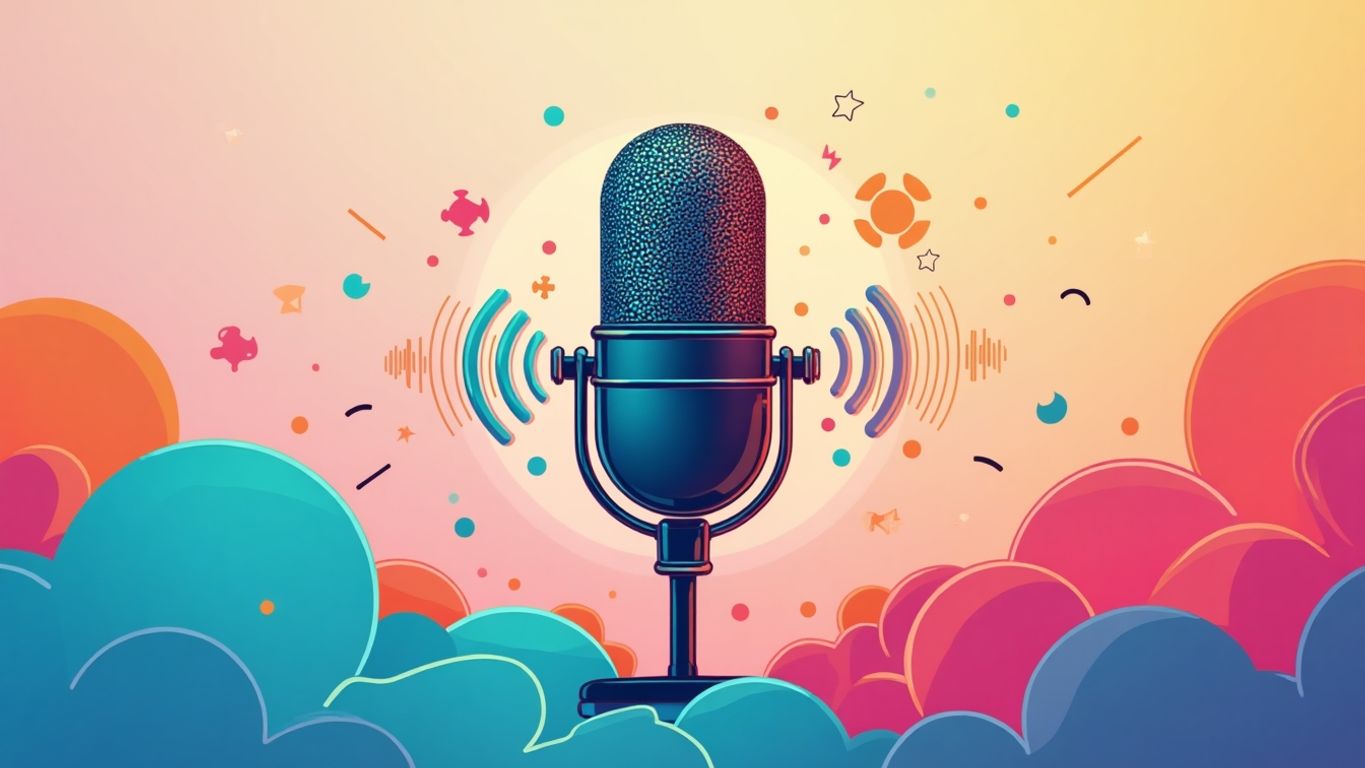 Stylized microphone and sound waves in vibrant colors.