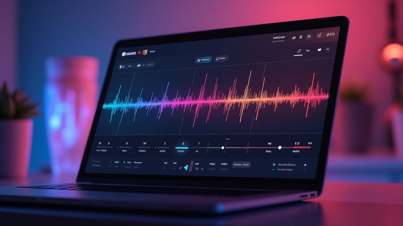 Colorful voice generator interface with audio waveforms.