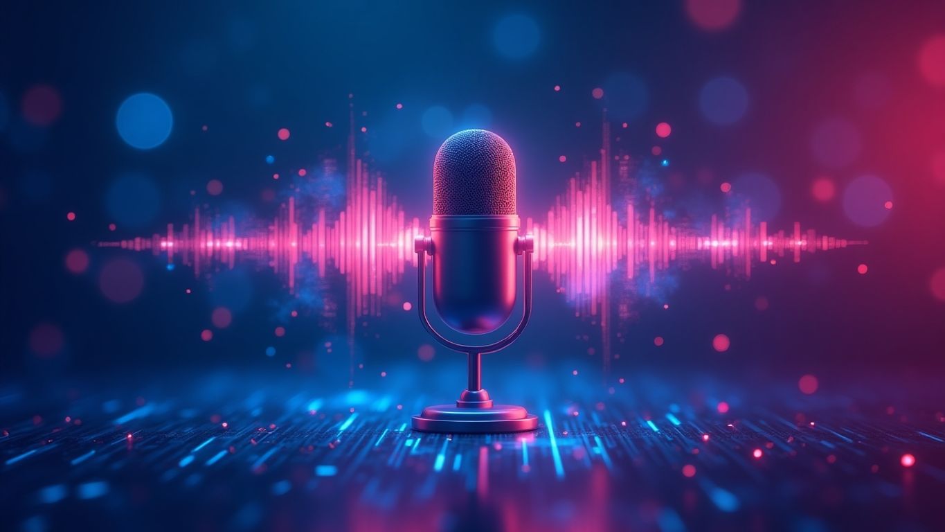 Colorful microphone with sound waves in a tech background.